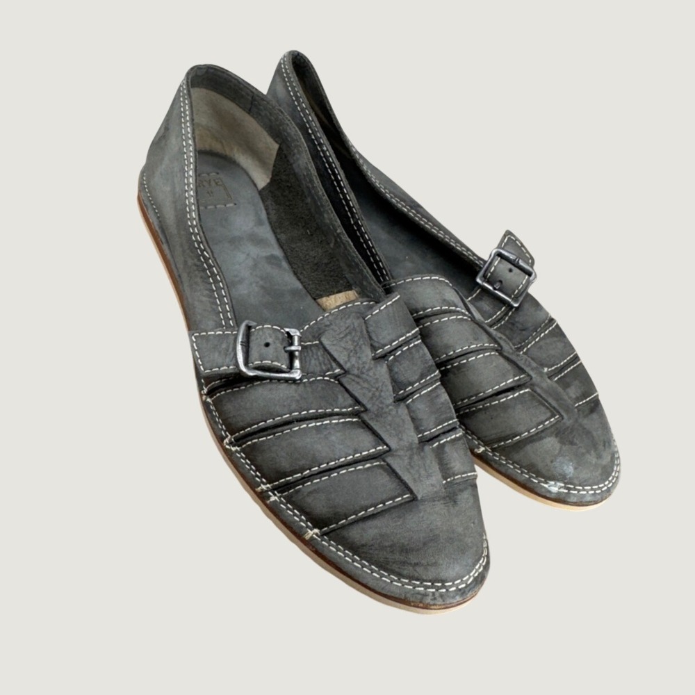 Frye Milly Huarache Fisherman Buckle Flats 10 Grey Leather Minimalist Loafers